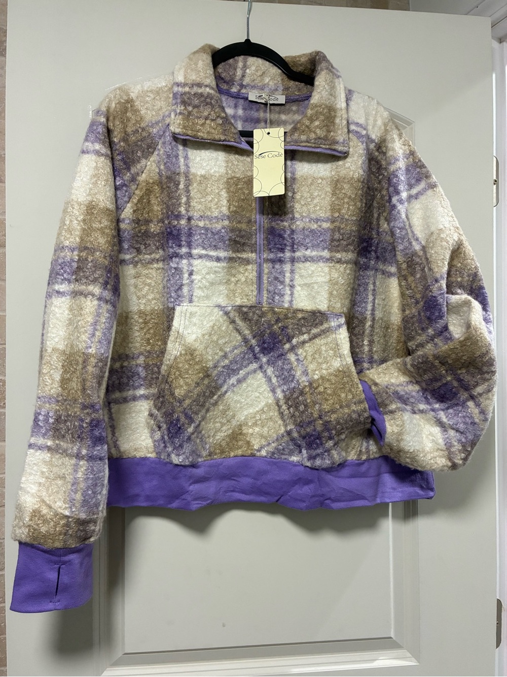 SoftCode Women's Purple & Cream Plaid Teddy Pullover Jacket